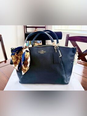 Coach Black Pebbled Leather Satchel with Gold Hardware and Decorative Scarf